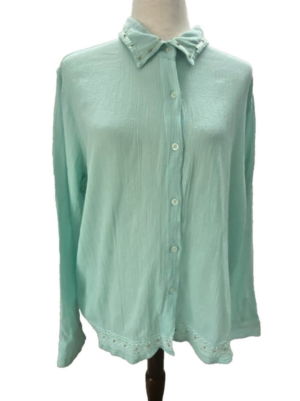 Denim & Co Cotton Gauze XL Teal Beaded Button Front Lace Cotton Boho Beach